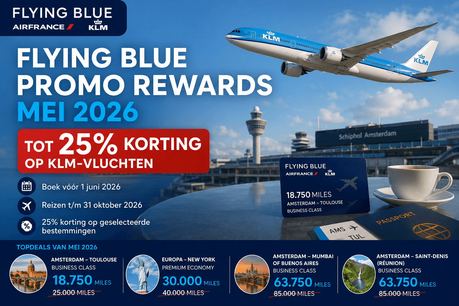 Flying Blue Promo Rewards mei tot 25% korting op KLM-vluchten
