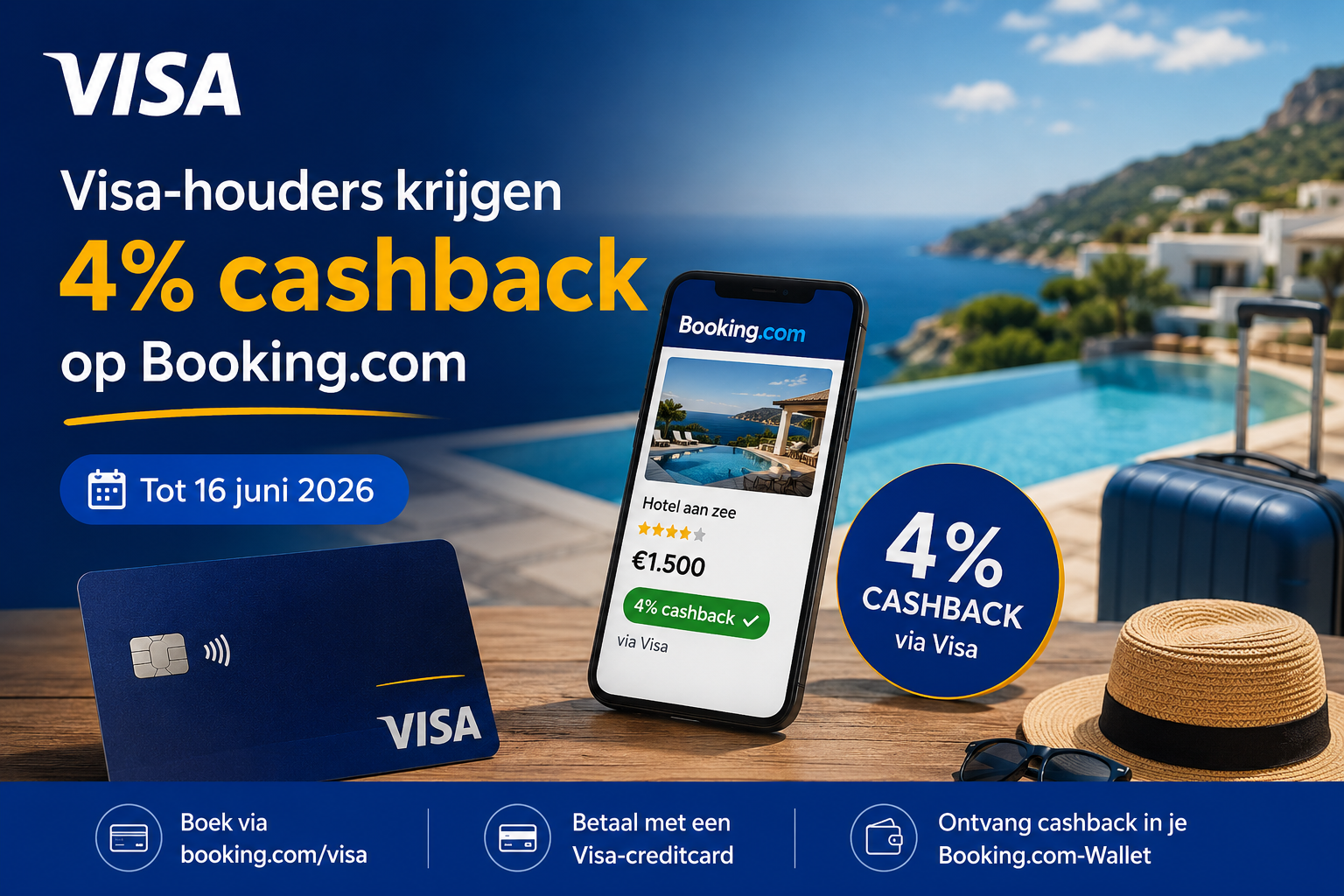 Visa-houders krijgen 4% cashback op Booking.com tot 16 juni